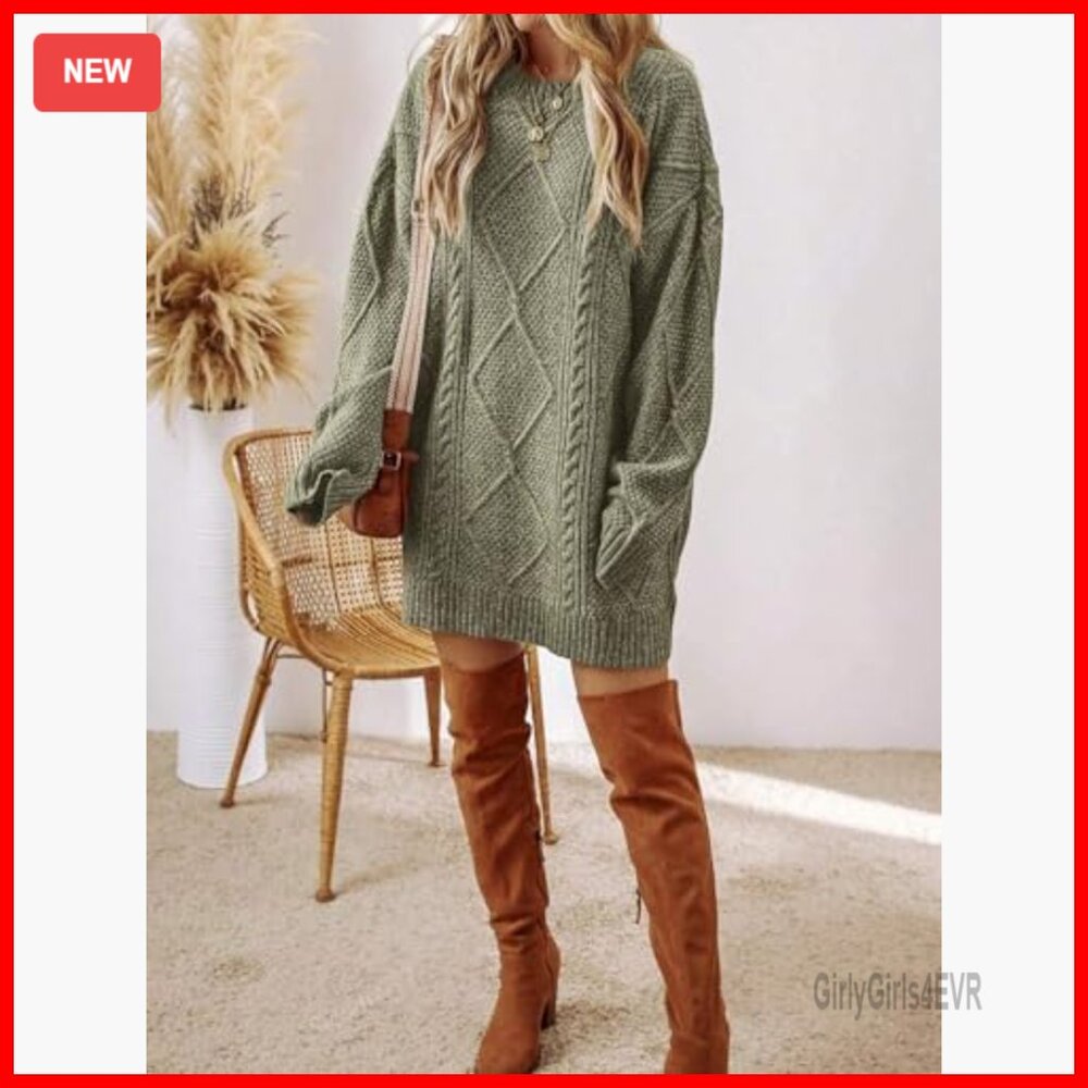 Cable Knit Sweater Dress Long Sleeve Loose Fit Pullover Mini Tunic - Picture 4 of 7